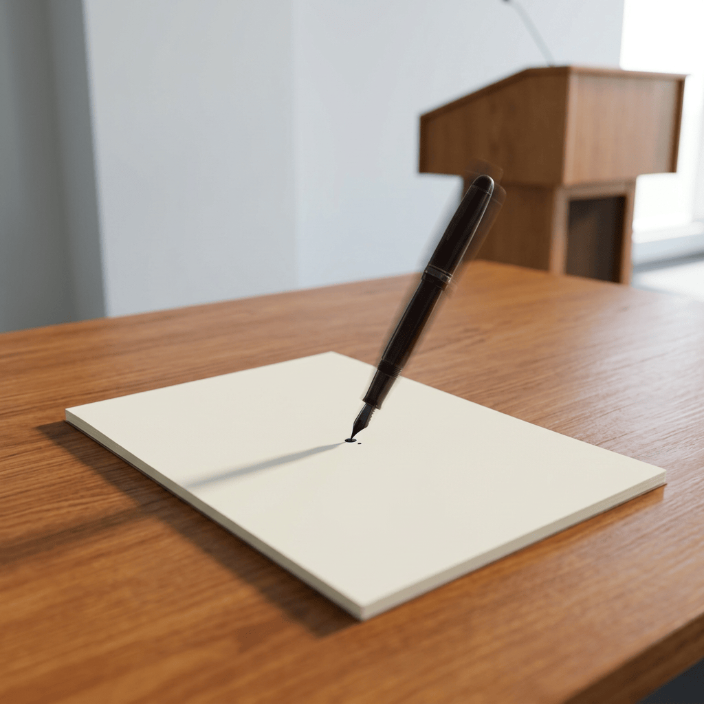 Fountain pen poised over a blank notebook on a wooden desk