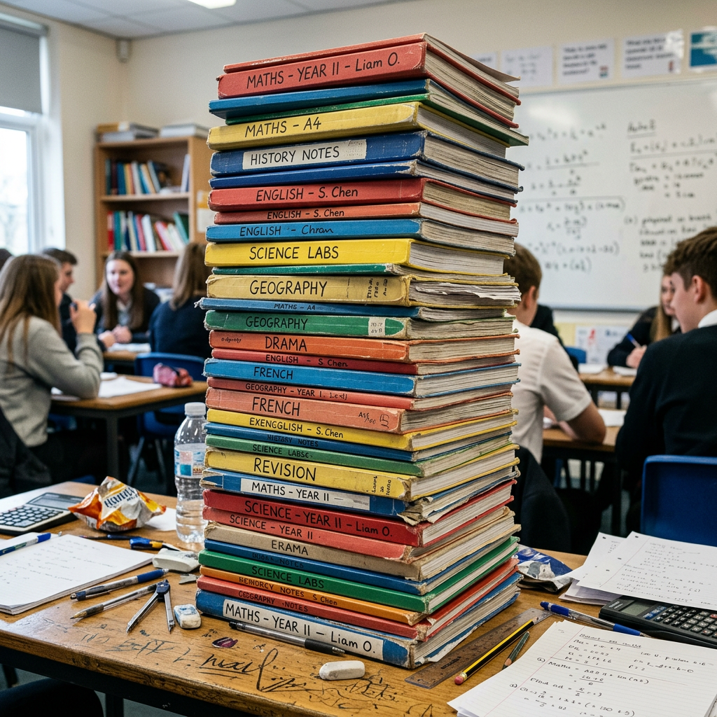 Tall stack of labeled schoolbooks on a classroom desk